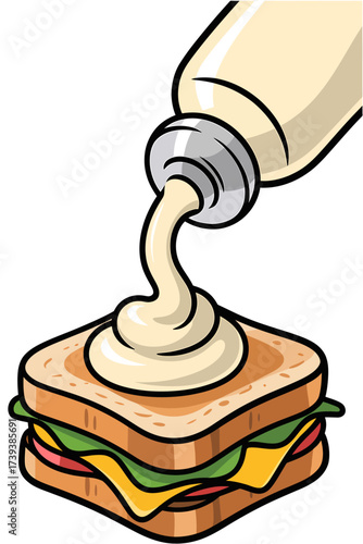 Cartoon Illustration of a Sandwich Being Doused with Mayonnaise Fresh and Delicious Ready to Eat
