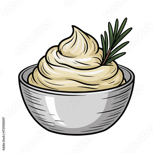 Delicious Mayonnaise Illustration in Silver Bowl with Rosemary Garnish Perfect for Food Blogs and Recipes