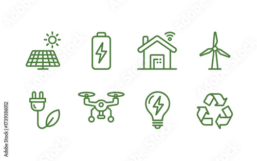 Green Energy and Sustainable Technology Icons on White Background Promoting Environmentally Friendly Solutions and Clean Renewable Resources for a Better Future