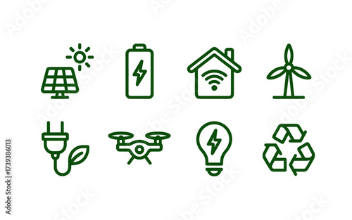 Collection of green energy icons representing sustainable living and renewable resources emphasizing environmental consciousness and innovative technology for a better future