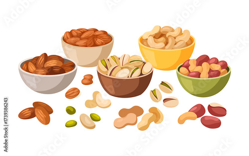 Assortment of Healthy Nuts in Colorful Bowls on White Background for Food Photography and Nutrition Education