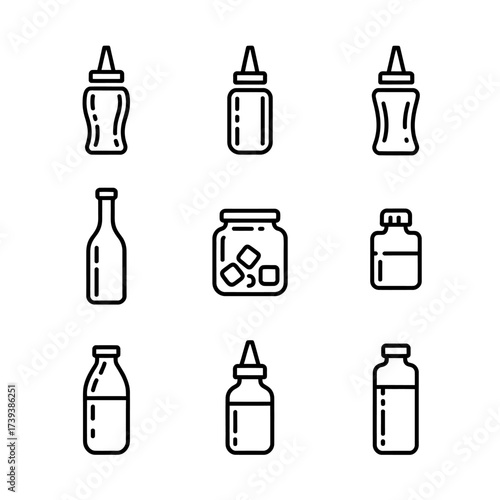 Collection of various bottle and jar outline icons displaying different shapes and sizes for culinary and laboratory use