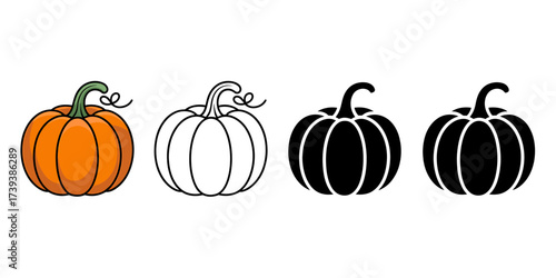 Isolated Pumpkin Illustrations in Orange Outline and Black Representing Harvest Season and Autumn Festivities
