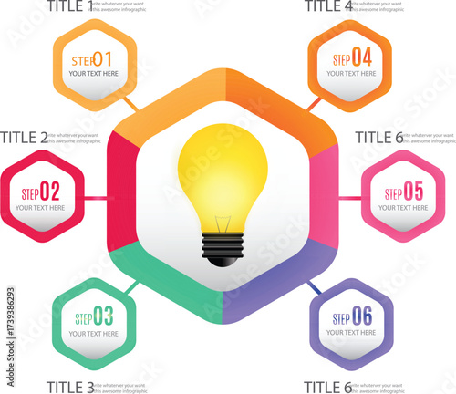 Colorful s shaped infographic with five numbered steps for business presentation and data visualization.
Modern infographic template with three colored steps connected to a central circular element on