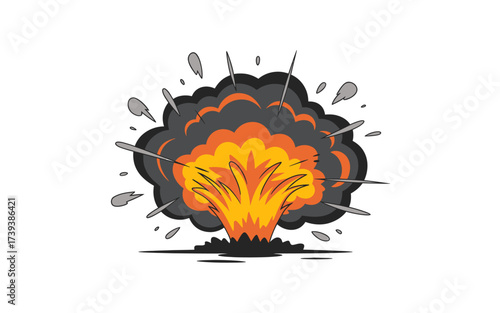 Cartoon Explosion with Fire and Smoke Effect on White Background for Media and Entertainment Purposes Design Element