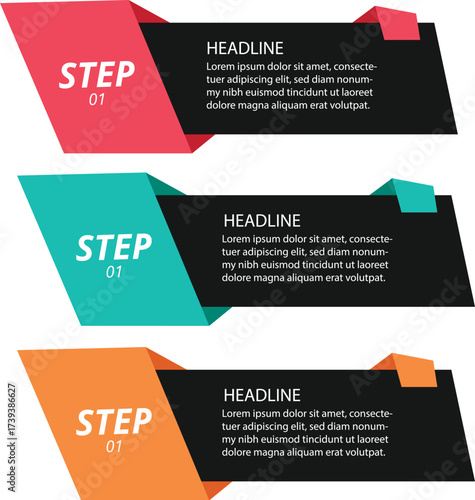 Colorful s shaped infographic with five numbered steps for business presentation and data visualization.
Modern infographic template with three colored steps connected to a central circular element on