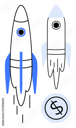 Two rockets in dynamic motion and a dollar coin symbolizing progress, investment, financial success, and innovation. Ideal for startup, business growth, entrepreneurship, strategy, launch ambition