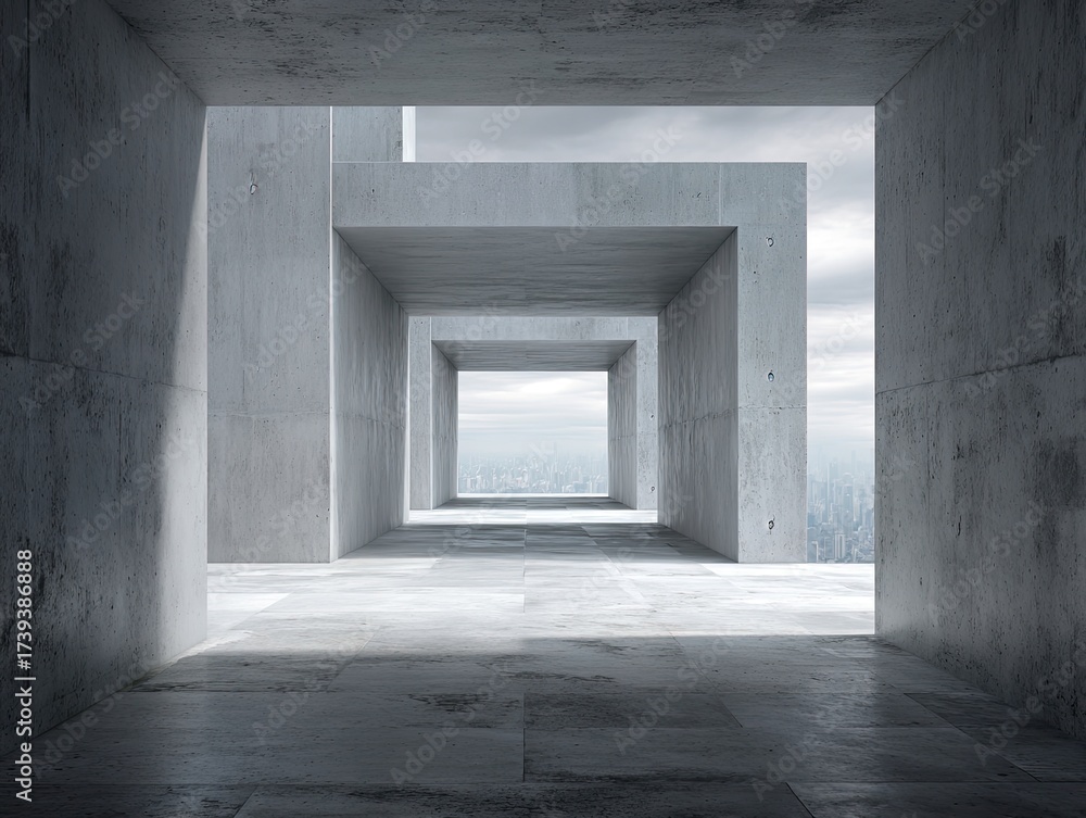Fototapeta premium Architectural perspective featuring a series of concrete frames leading to a distant cityscape under an overcast sky