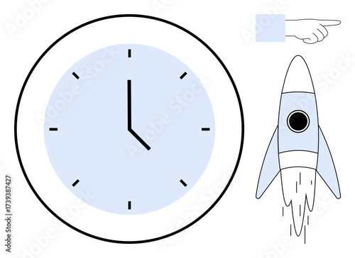 Clock symbolizing timing, rocket representing innovation, hand indicating direction. Ideal for productivity, future planning, innovation, decision-making, teamwork growth mindset. Simple flat