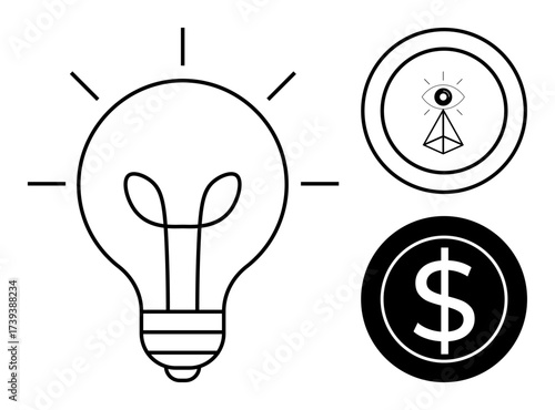 Lightbulb with rays, eye within a triangle, and dollar symbol circle. Ideal for innovation, finance, creativity, vision, strategy investment and success themes. Simple flat metaphor