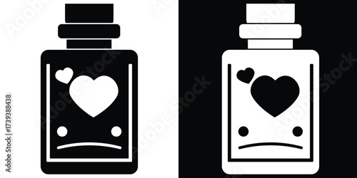 Black and white illustration of a potion bottle with a heart and sad face.