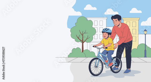 A father teaches his son to ride a bicycle in a city park. Flat vector illustration of parenting and childhood learning. Minimal design with copy space