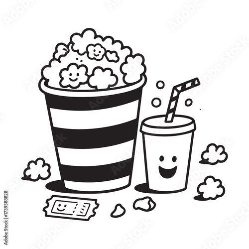 A black and white cartoon vector illustration of a large striped popcorn bucket overflowing with popcorn. 