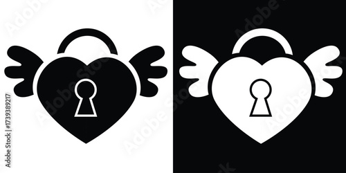 Heart-shaped lock with wings, presented in both black and white versions.