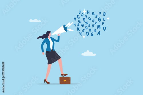 Communicate with dialog, words or conversation, announcement advertising, voice or media information, marketing concept, businesswoman talking on loudspeaker, megaphone with wording alphabets.