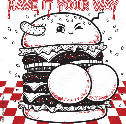 Retro Cartoon Burger Mascot with Customizable Circles and 'Have It Your Way' Slogan Vector Design