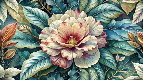 Wallpaper Mural Floral painting featuring large bloom surrounded by tropical leaves design Torontodigital.ca