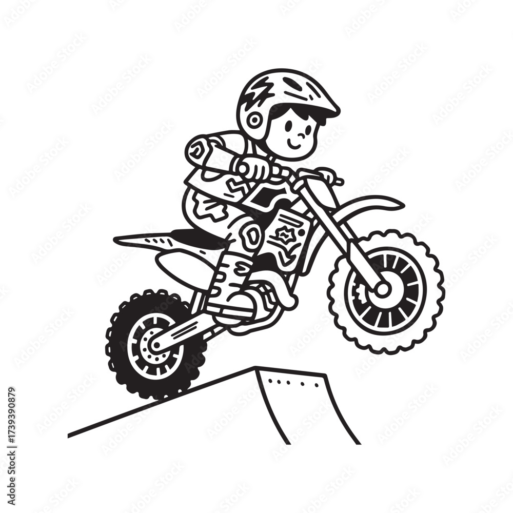 Fototapeta premium A black and white vector illustration of a boy riding a motocross bike, jumping over a ramp.