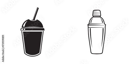 Beverage Icons: Disposable Cup with Straw and Cocktail Shaker
