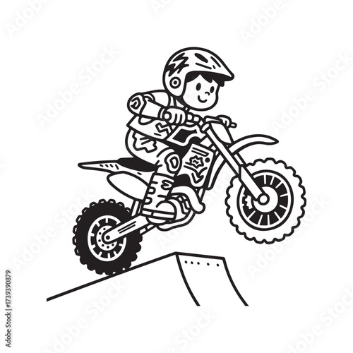 A black and white vector illustration of a boy riding a motocross bike, jumping over a ramp.