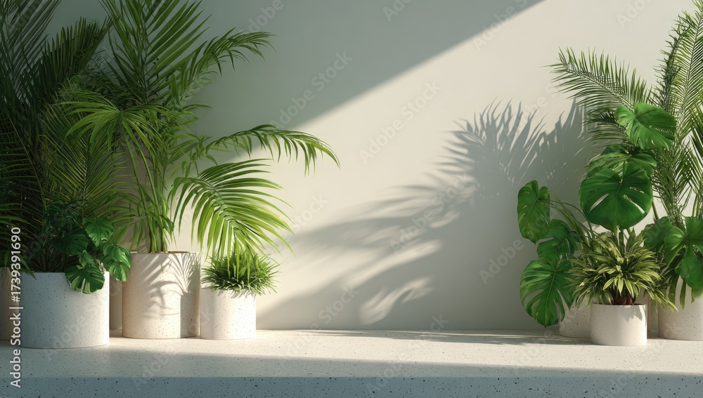 Fototapeta premium Lush green plants in white pots casting shadows on a bright, neutral wall