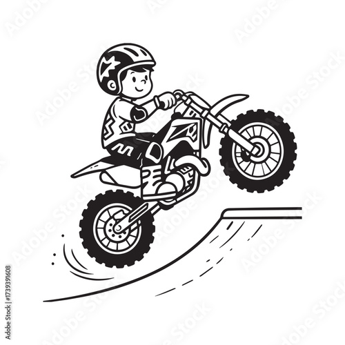 A black and white vector illustration of a boy riding a motocross bike, jumping over a ramp.
