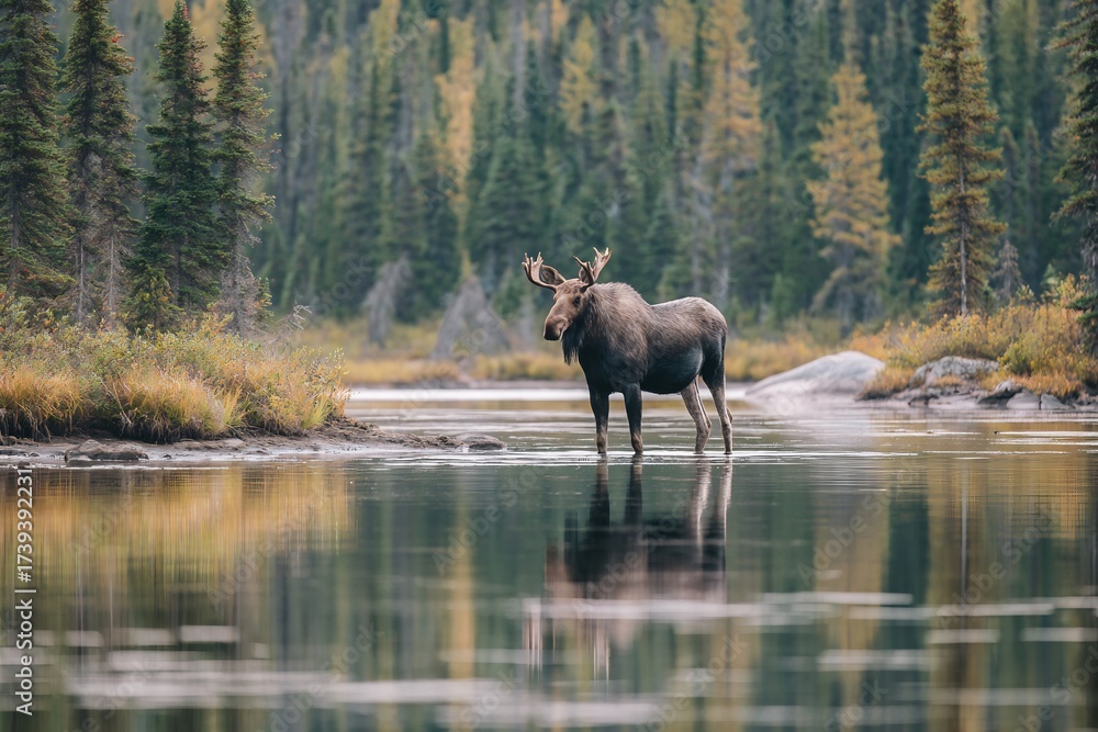 Fototapeta premium Bull moose with impressive antlers stands in a still lake reflecting a vibrant autumn forest.