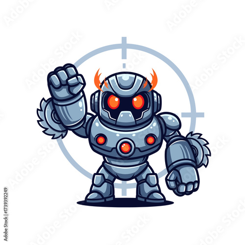 Futuristic robot mascot character with glowing eyes and power saw arms poised for action, a dynamic and energetic symbol for innovation and technological advancement