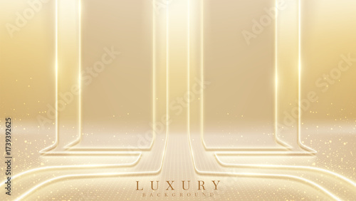 Luxury cream stage background with golden neon light line and glittering star effects.