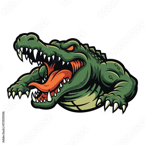 Fearsome alligator mascot roaring with sharp teeth and menacing glare, perfect for sports team logos, game designs, or powerful brand visuals that command attention
