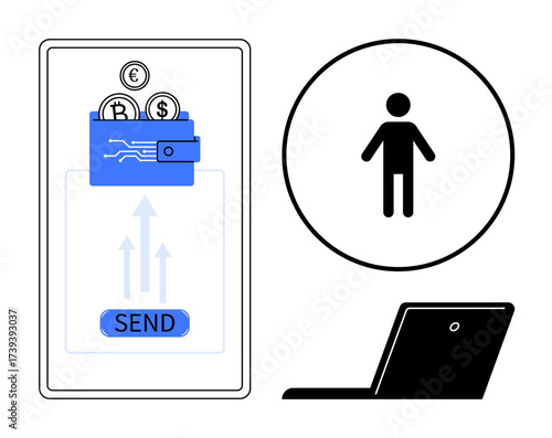 Digital wallet on smartphone sending cryptocurrency tokens. Profile figure and laptop visual. Ideal for finance, technology, online payment, investment, data security, user-centric strategies, global