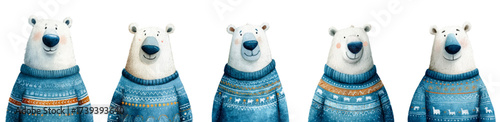 Set of cute white bears in blue knitted sweaters. We are polar bears in a festive winter atmosphere. Cute cartoon characters for winter holidays, Christmas, New Year, etc. 