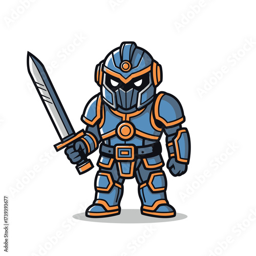 Brave cartoon knight standing guard with shining sword, perfect for children's books and game designs, ready for epic adventures and fantasy worlds