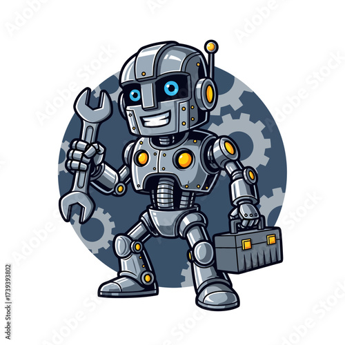 Friendly robot mechanic ready to fix your problems with a wrench and toolbox, perfect for tech startups, AI companies, and futuristic engineering brands
