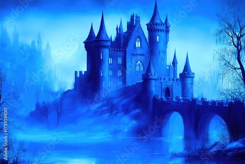 Wallpaper Mural Mystical blue castle in a misty forest Torontodigital.ca