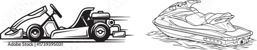 Dynamic Go-Kart and Personal Watercraft Vector Outline Illustrations