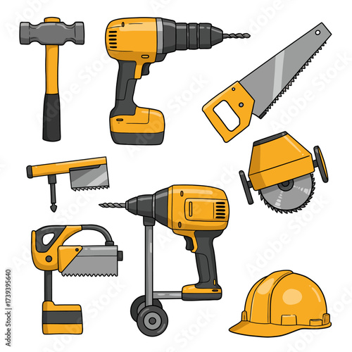 Collection of yellow and grey power tools and safety gear for construction and renovation projects vector flat design vector illustration white background