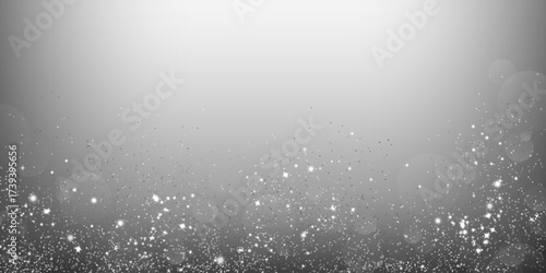 Silver glitter sparkling on gray background. Vector realistic illustration of glowing shimmering particles falling, shiny holiday confetti, festive shiny spray effect, magic Christmas snowy decor