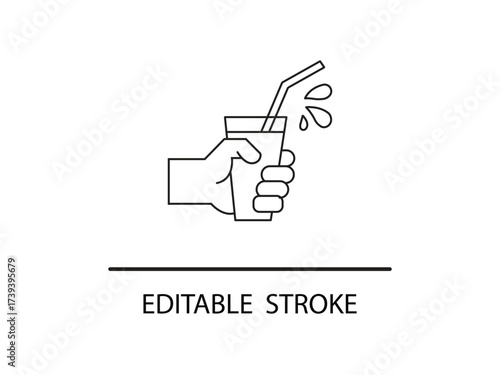Modern hand holding refreshing drink with straw and splashing water, perfect for summer promotions or menu designs, clean line art.