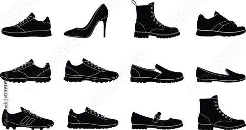 Footwear silhouettes grid, shoe types, athletic shoes, high heels, boots, loafers, casual shoes, fashion design, footwear styles, apparel icons