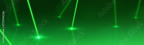 Bright green laser beam effects on black background with glowing light rays and energy flares for technology or sci fi designs. Neon optical lines with luminous spots. Digital futuristic elements
