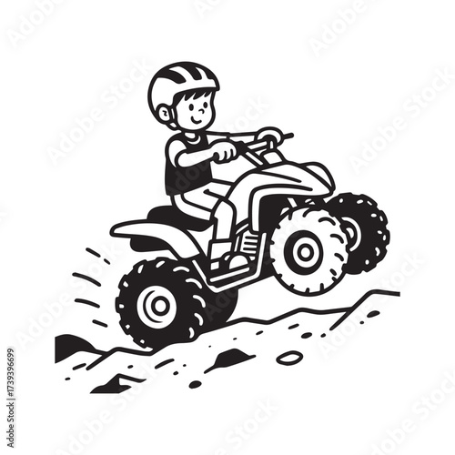 Excited Boy Riding Powerful Quad Bike Silhouette on white Background. 