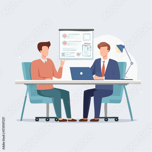Flat vector illustration of HR manager interviewing a job candidate, office desk with documents and laptop, recruitment and hiring process