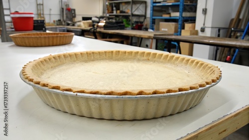 Unbaked pie crust on a white surface in a busy kitchen setting