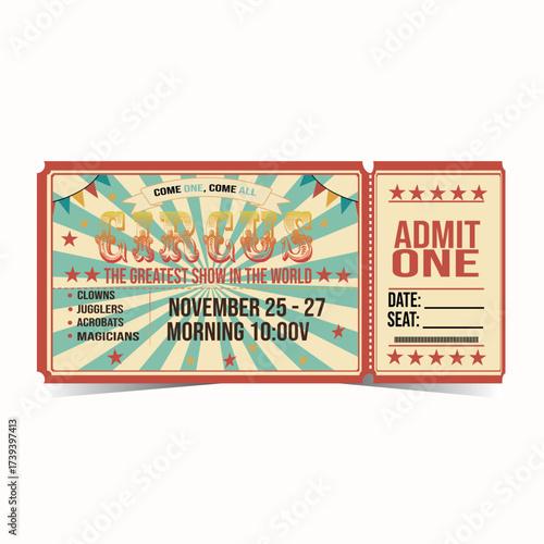Vintage Circus Ticket Design Featuring Clowns, Jugglers, and Acrobats - Admission for the Greatest Show on Earth