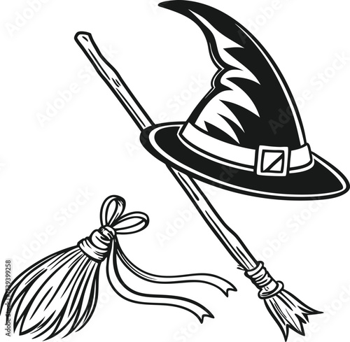 Witch broom vector silhouette drawing with a vintage black art design