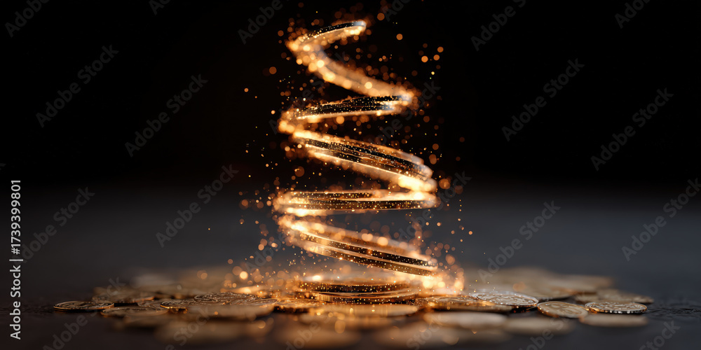 Obraz premium Glowing spiral of coins ascends into sky, creating magical and mesmerizing effect against dark background. golden light and sparkling particles add sense of wonder and fantasy
