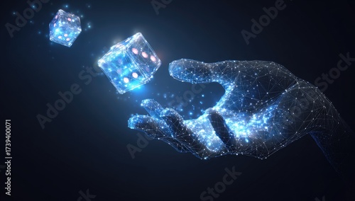 Digital rendition depicts a glowing, polygonal hand throwing dice against a deep blue backdrop