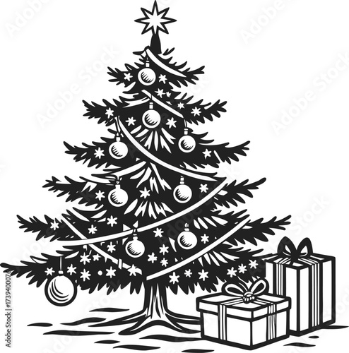 A green fir tree decoration with gifts celebrates the winter holiday season