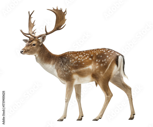 A dappled fallow deer with large palmate antlers, isolated on transparent background